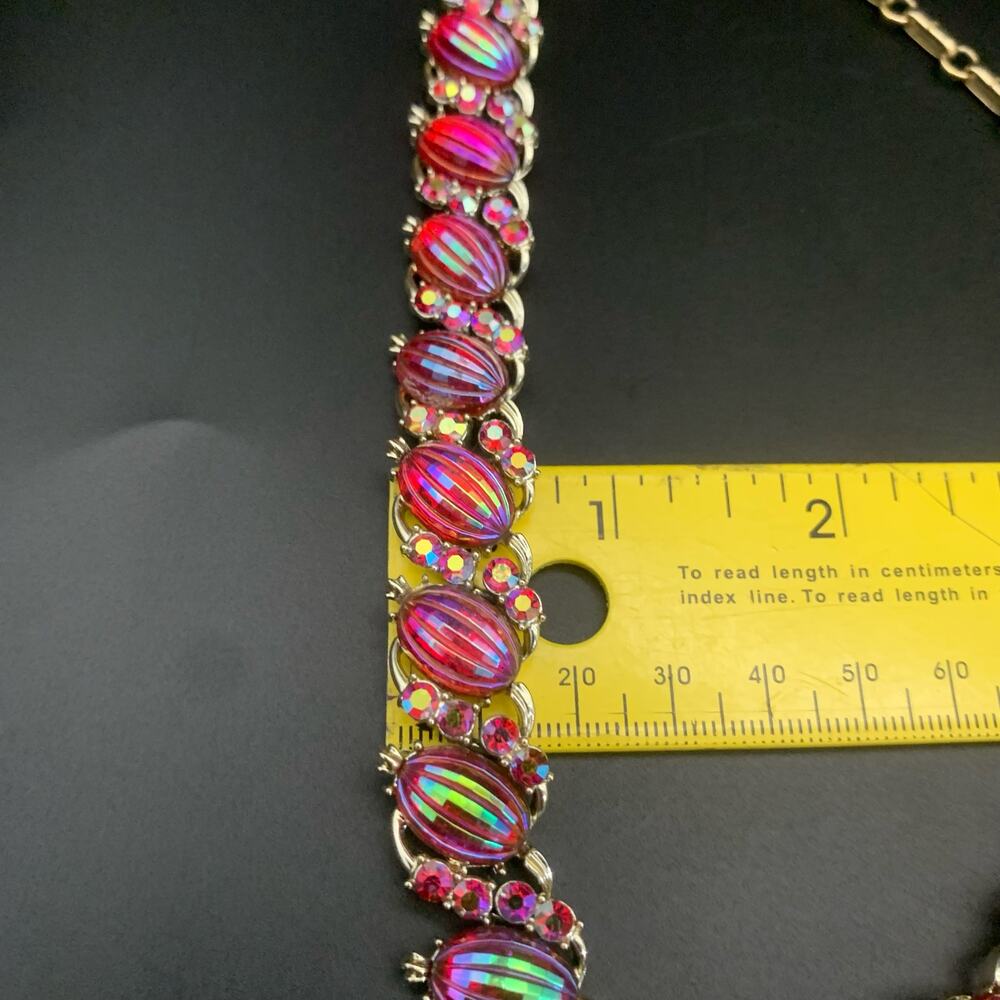 Vintage Signed Coro Melon Red AB Aurora Borealis Iridescent Rhinestone Necklace - Picture 16 of 16